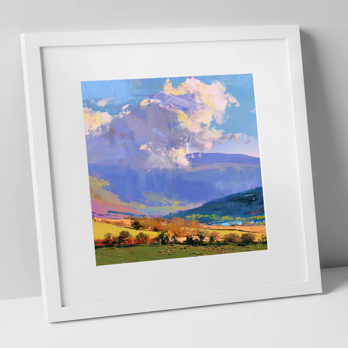 Vibrant Fells Under Dramatic Cloud lake district fell art print in white frame