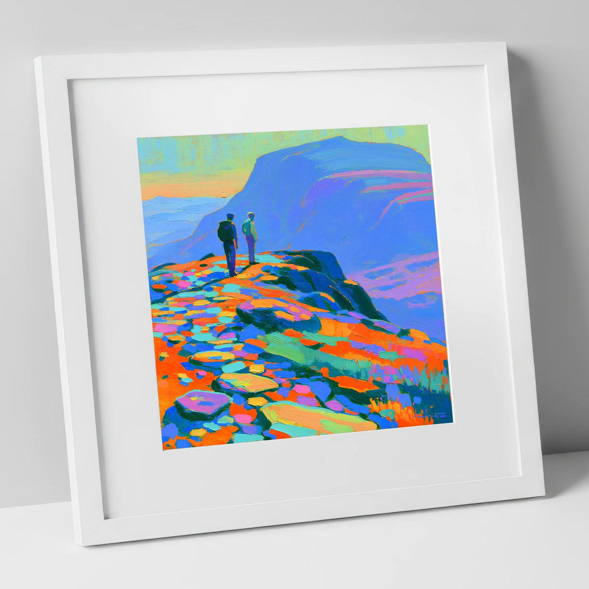 Colourful Fell Top Hikers lake district fell art print in white frame