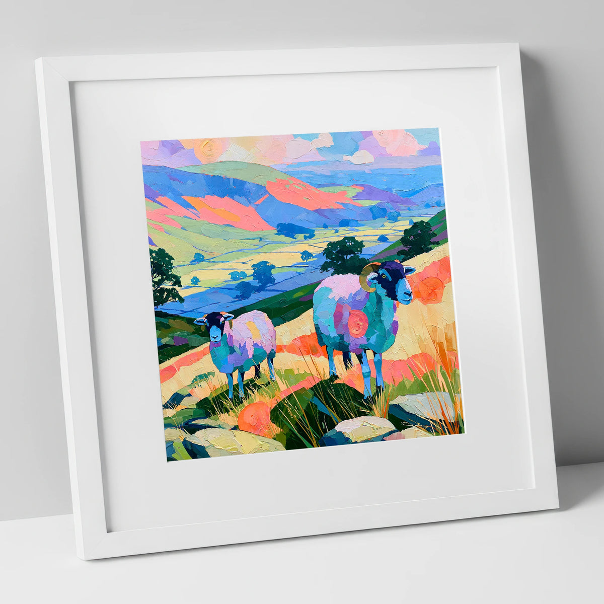 Vibrant Herdwick Sheep Fellside lake district wildlife art print in white frame