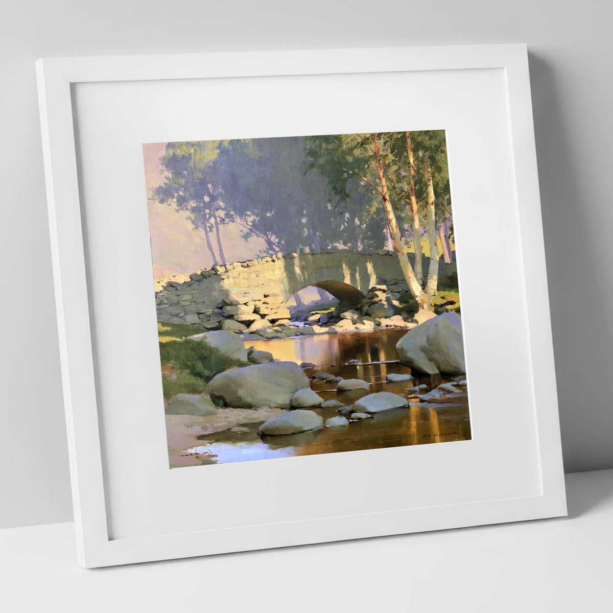 Sunlit Arched Bridge Over Beck lake district waterfall art print in white frame