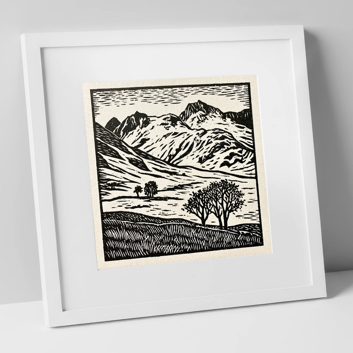 Monochrome Great Langdale Fells lake district valley art print in white frame