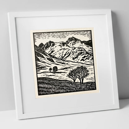 Monochrome Great Langdale Fells lake district valley art print in white frame