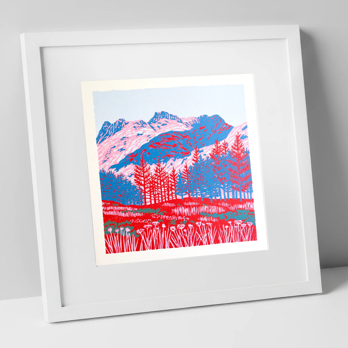 Bold Langdale Pikes Landscape lake district fell art print in white frame