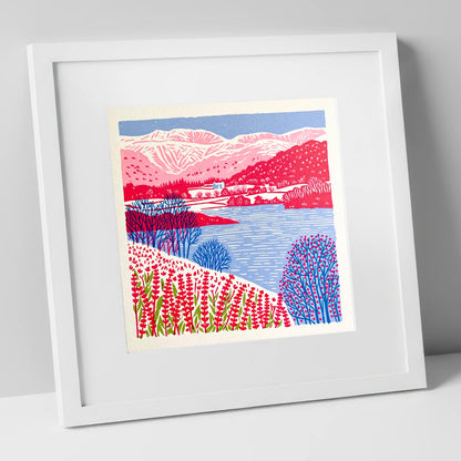 Vibrant Grasmere With Pink Fells lake district lake art print in white frame