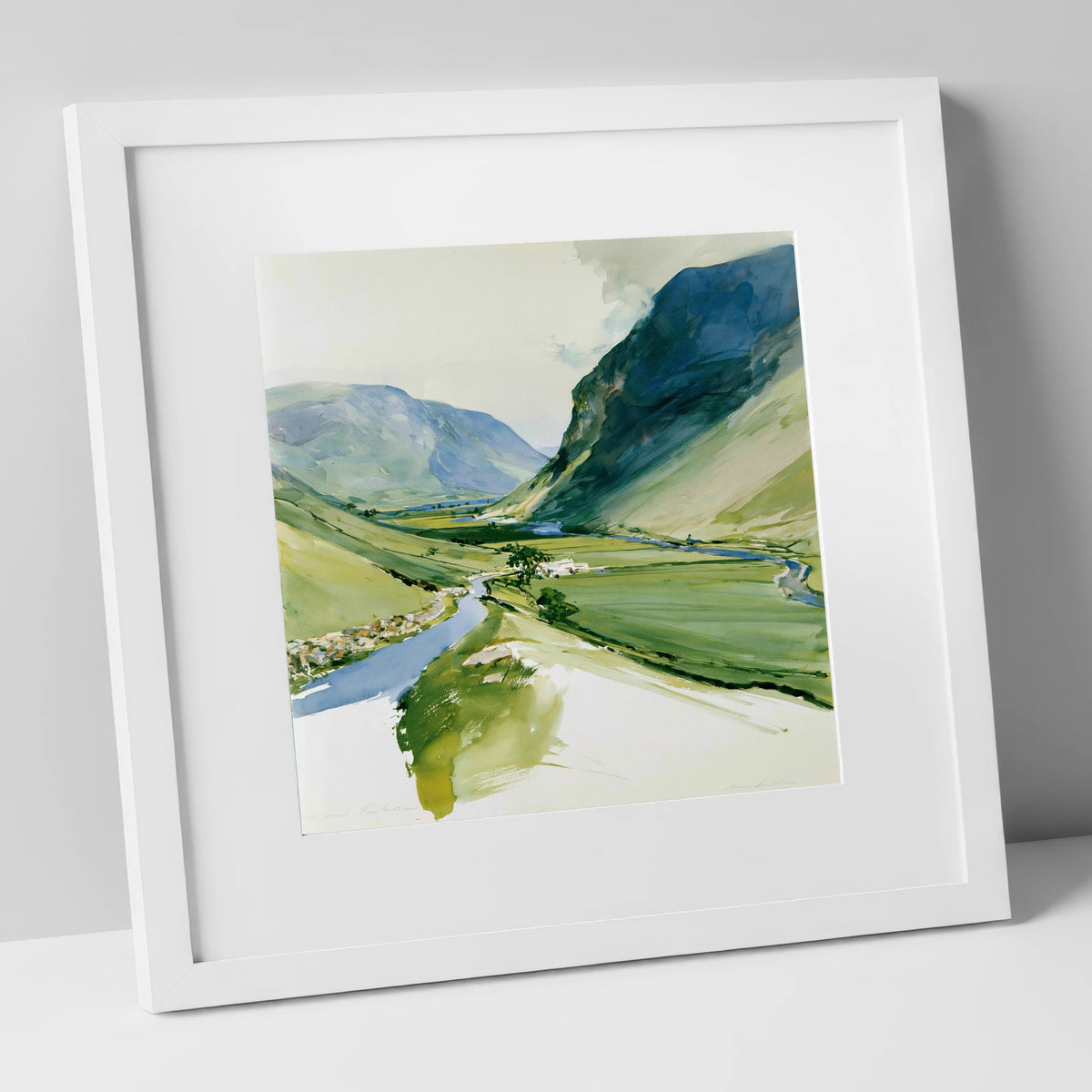 Green Valley and Winding Beck lake district valley art print in white frame