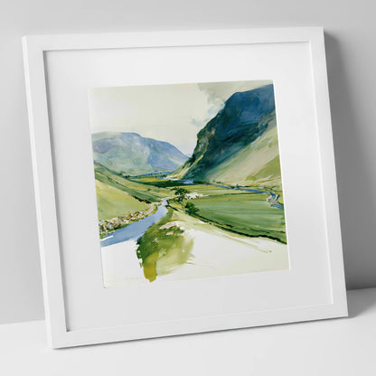 Green Valley and Winding Beck lake district valley art print in white frame