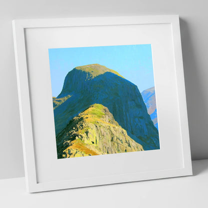 Sunlit Pike of Stickle Dome lake district fell art print in white frame