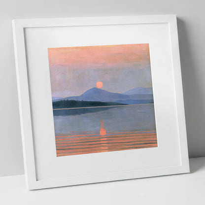Peach Sunset Over the Water lake district lake art print in white frame