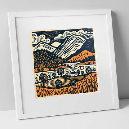 Grasmere Fells in Terracotta and Navy lake district lake art print in white frame