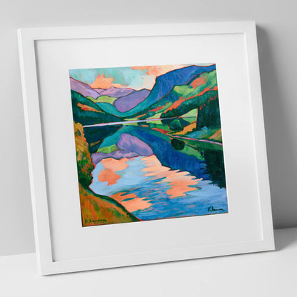 Sunset Glow on Calm Lake Reflections lake district lake art print in white frame