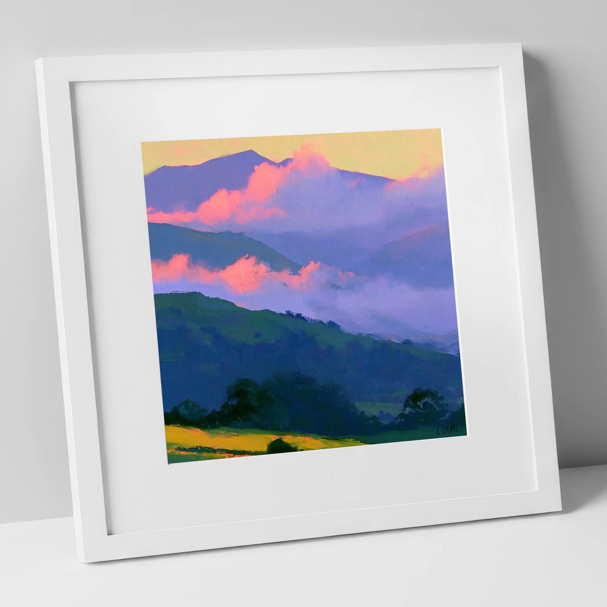 Pink Clouds Over Rolling Fells lake district fell art print in white frame