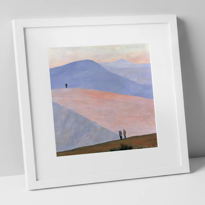 Hikers on Sweeping Pastel Fells lake district fell art print in white frame