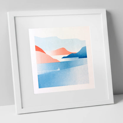 Graphic Sailboat on Lake Windermere lake district lake art print in white frame
