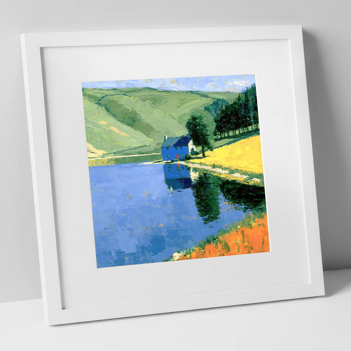Blue Cottage on Calm Lake lake district lake art print in white frame