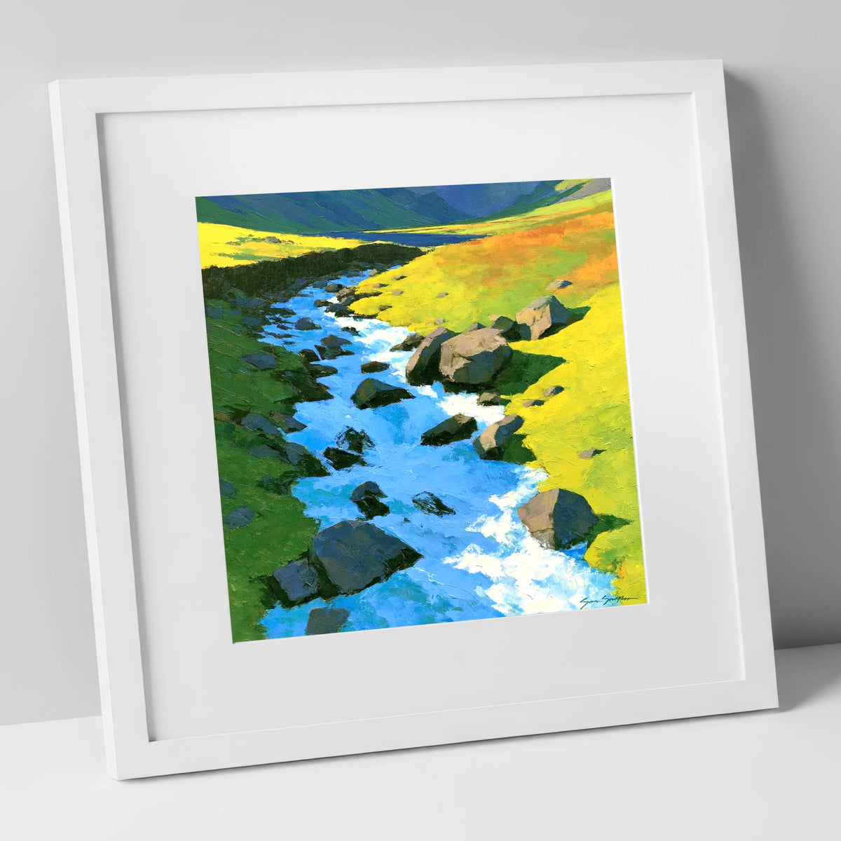 Cobalt Blue Fellside Beck lake district waterfall art print in white frame