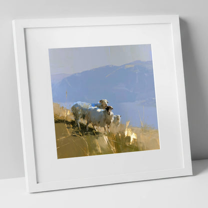 Herdwick Sheep on Golden Fells lake district wildlife art print in white frame