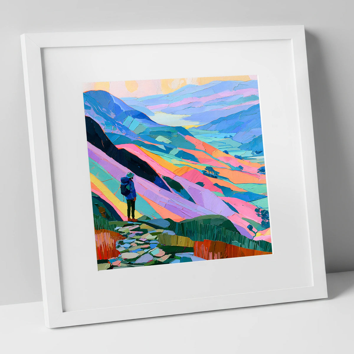 Vibrant Lake District Summit View lake district fell art print in white frame
