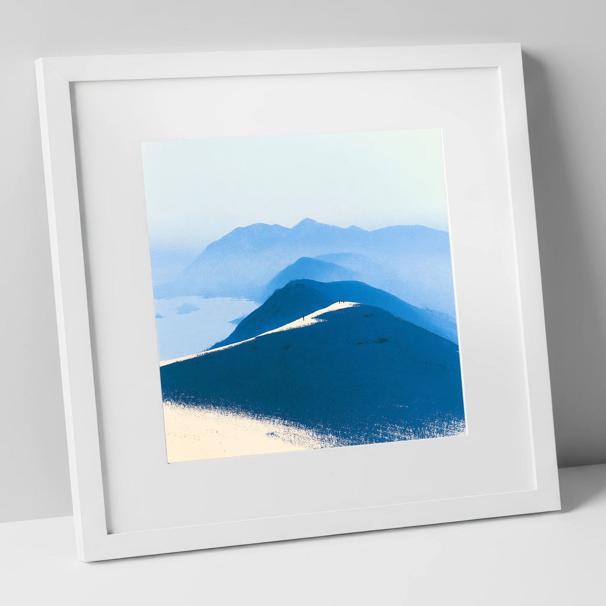 Fell Summit in Deep Blue lake district fell art print in white frame