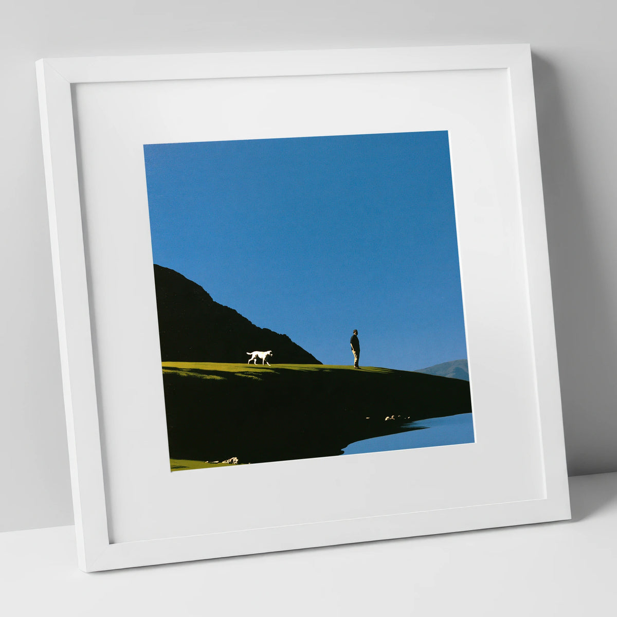 Silhouetted Glenridding Walker and Dog gifts for dog walkers art print in white frame