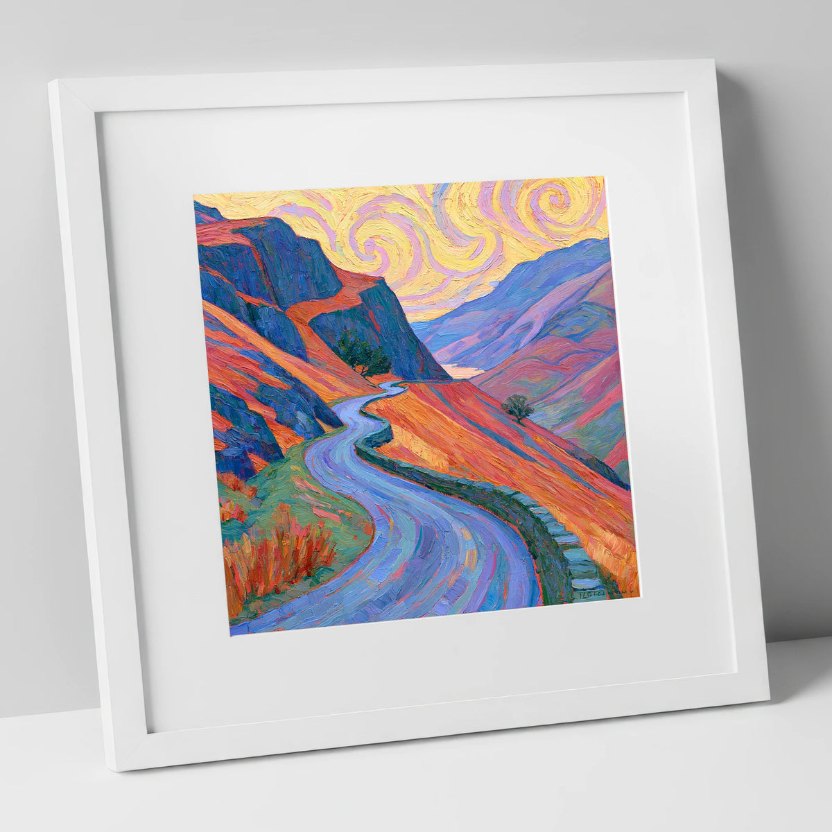 Winding Mountain Pass in Amber and Violet lake district valley art print in white frame