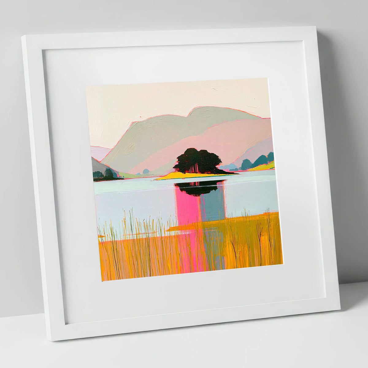 Vibrant Grasmere Island Reflections lake district lake art print in white frame
