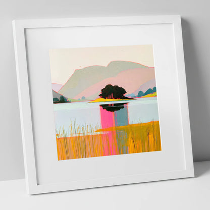 Vibrant Grasmere Island Reflections lake district lake art print in white frame