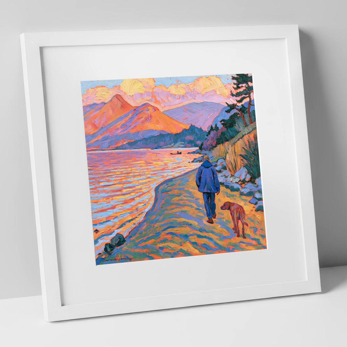 Vibrant Derwentwater Dog Walk gifts for dog walkers art print in white frame
