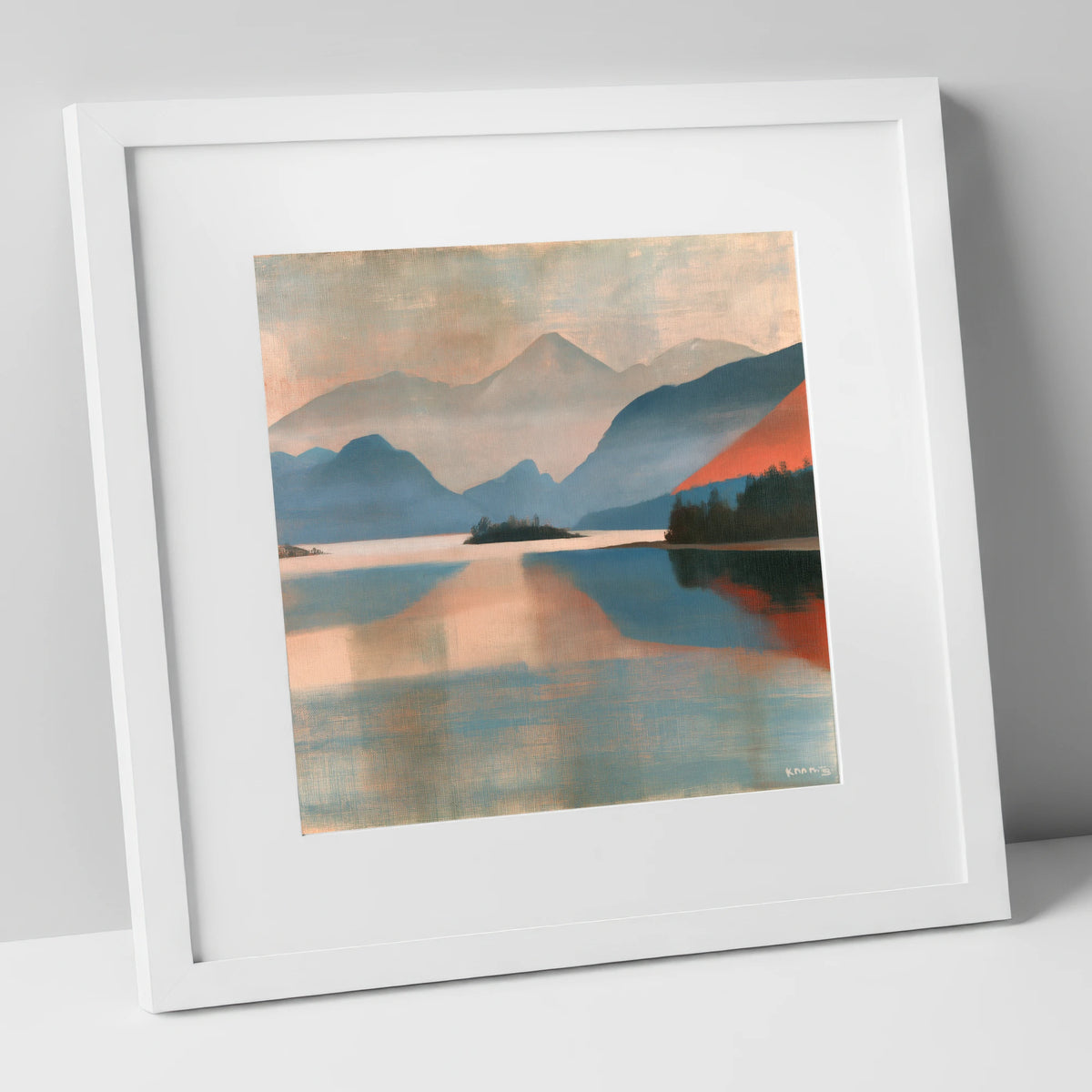 Terracotta Sunset on Derwentwater lake district lake art print in white frame