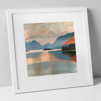 Terracotta Sunset on Derwentwater lake district lake art print in white frame