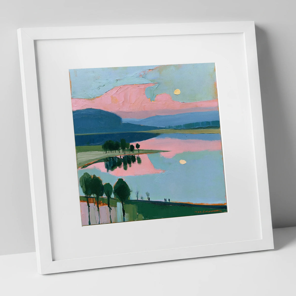 Blush Pink Lake at Dawn lake district lake art print in white frame