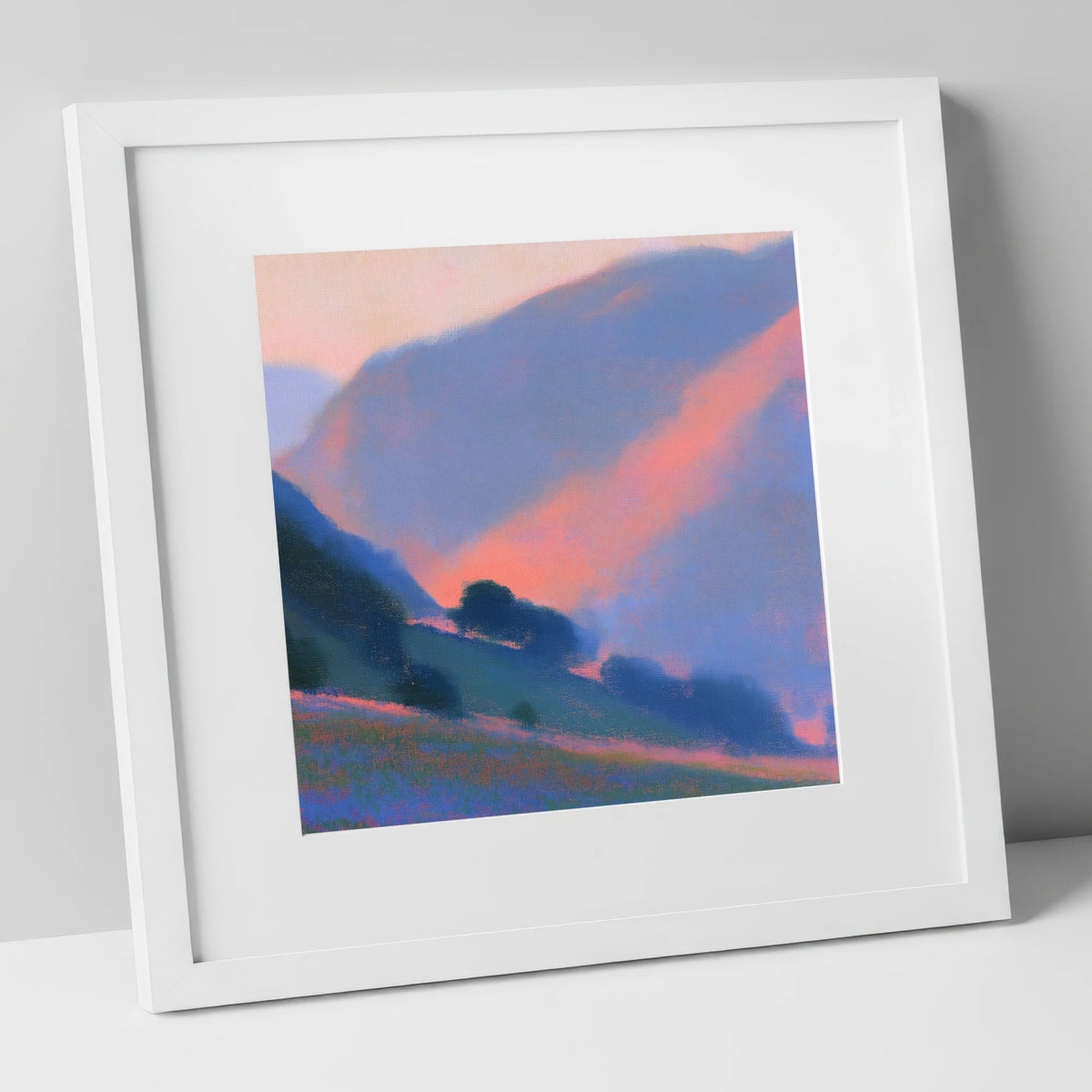 Rose Light Between the Fells lake district valley art print in white frame