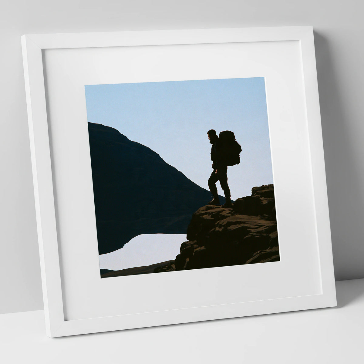 Helvellyn Walker in Silhouette lake district fell art print in white frame