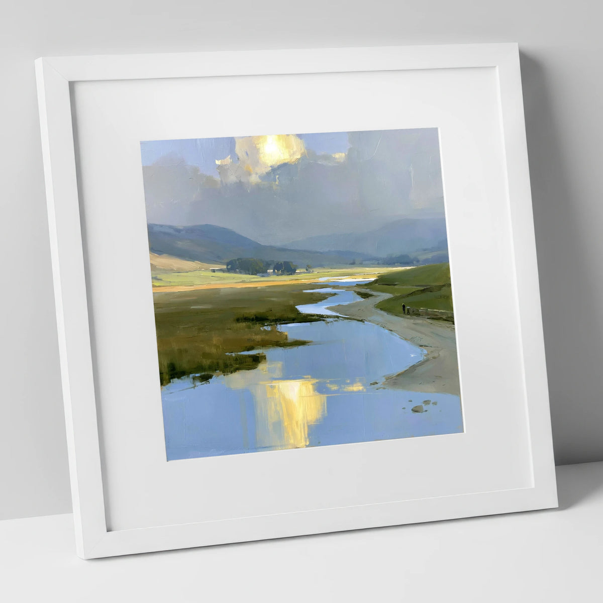 Winding River Below Rolling Fells lake district fell art print in white frame