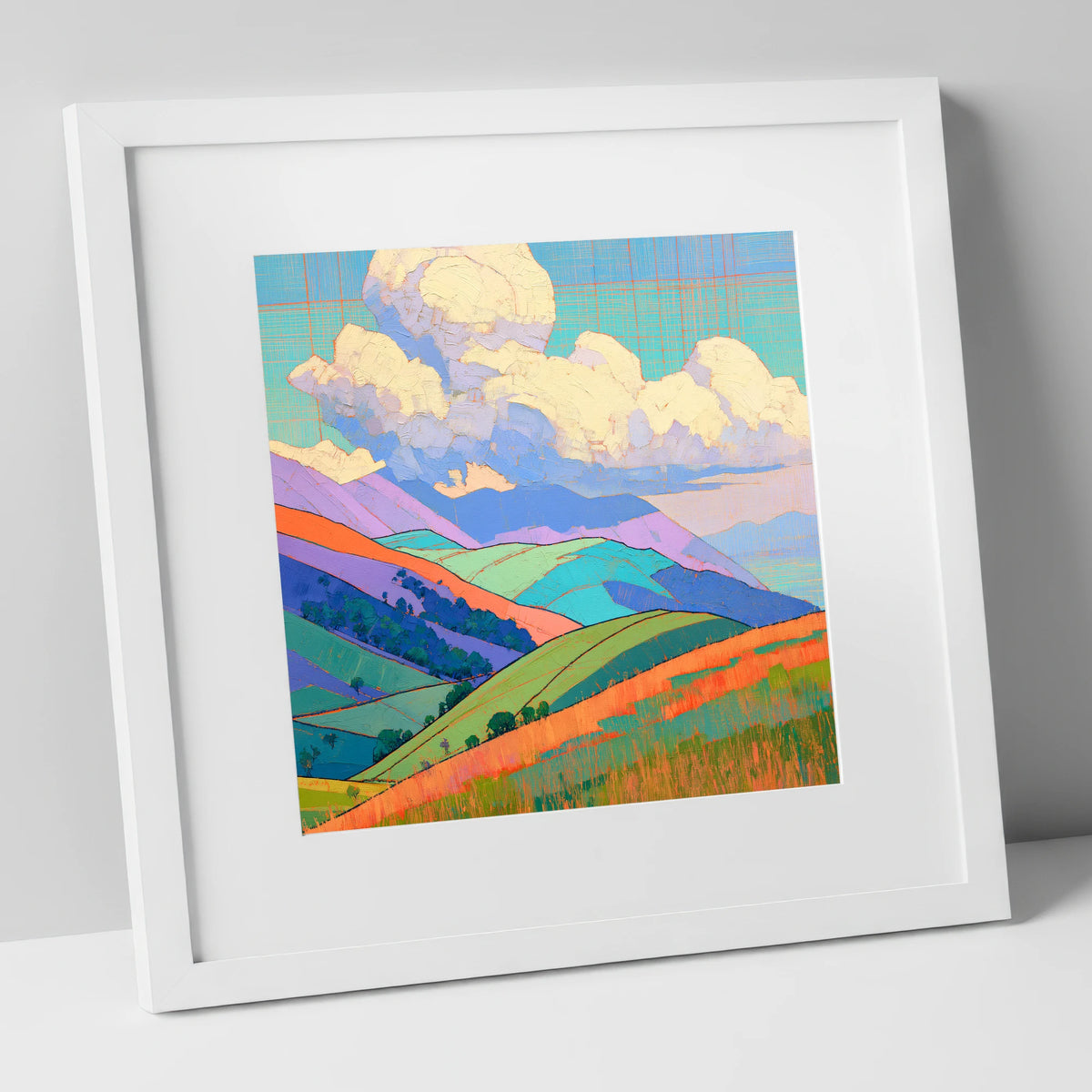 Vibrant Rolling Fells Under Cloud lake district fell art print in white frame