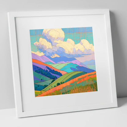 Vibrant Rolling Fells Under Cloud lake district fell art print in white frame
