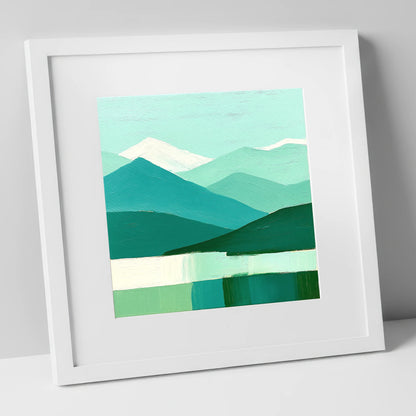 Abstract Teal Scafell Pike lake district fell art print in white frame