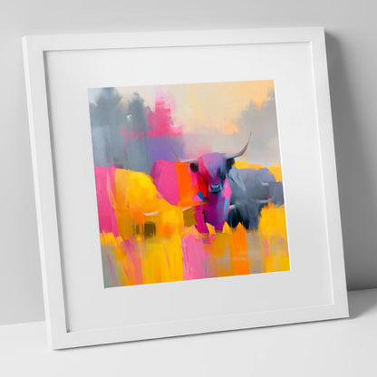 Colourful Highland Cattle Portrait lake district wildlife art print in white frame