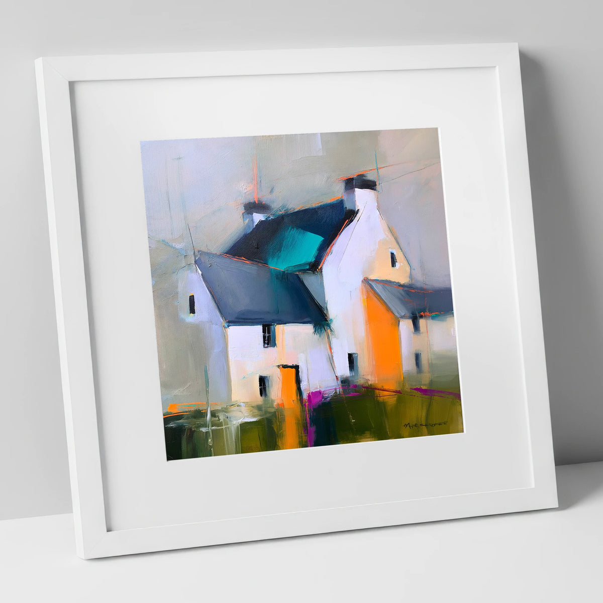 Abstract Lakeland Slate Cottages lake district village art print in white frame