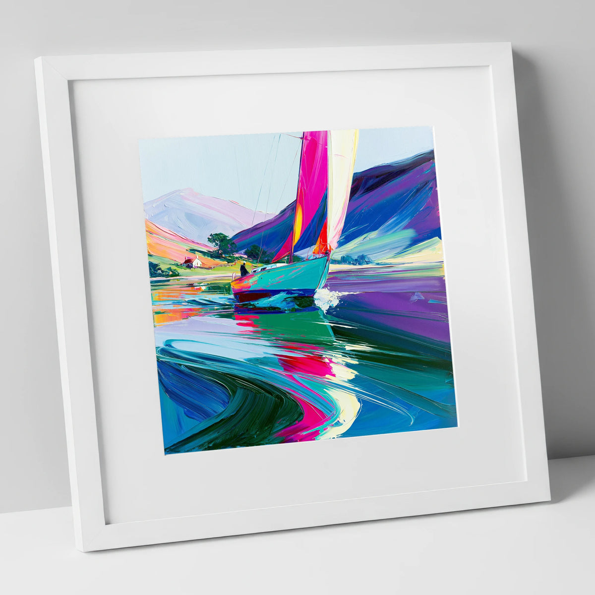 Bright Sails on a Breezy Lake lake district walking art print in white frame