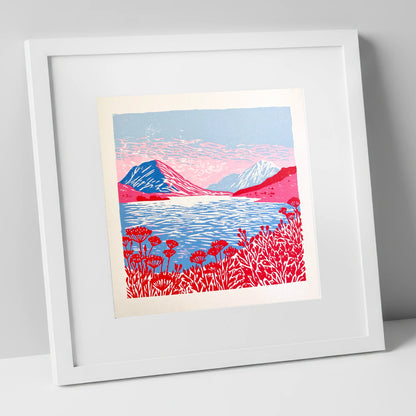Crummock Water in Vivid Red lake district lake art print in white frame