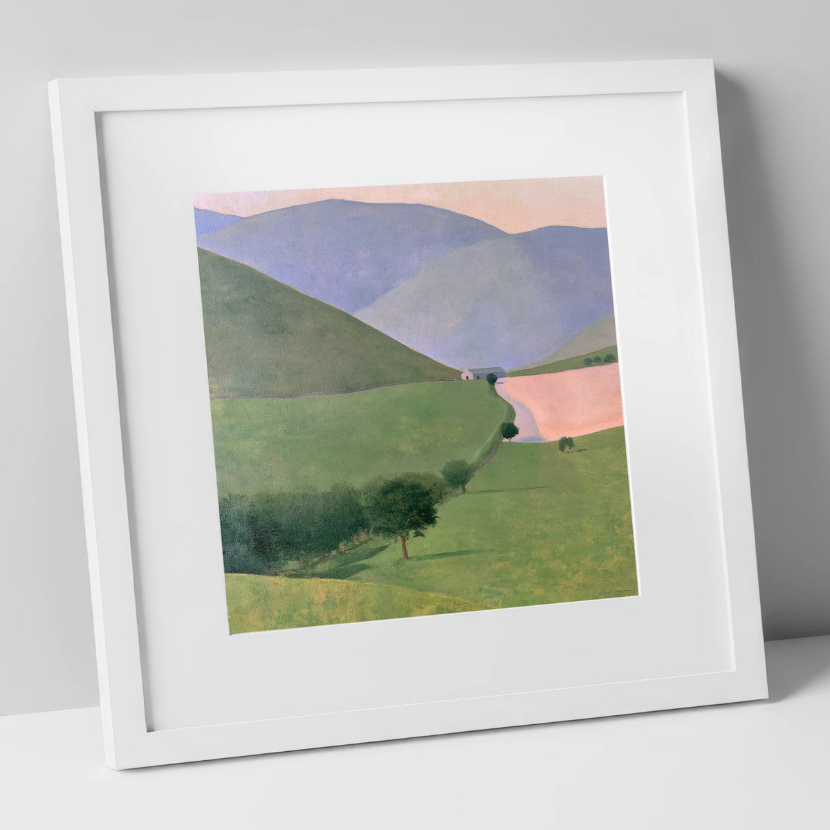 Lavender Fells Above Green Valley lake district valley art print in white frame