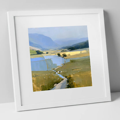Luminous Patchwork Fields in a Dale lake district valley art print in white frame