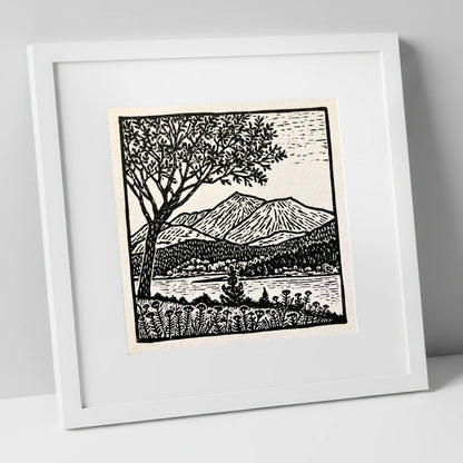Monochrome Skiddaw and Lake lake district fell art print in white frame