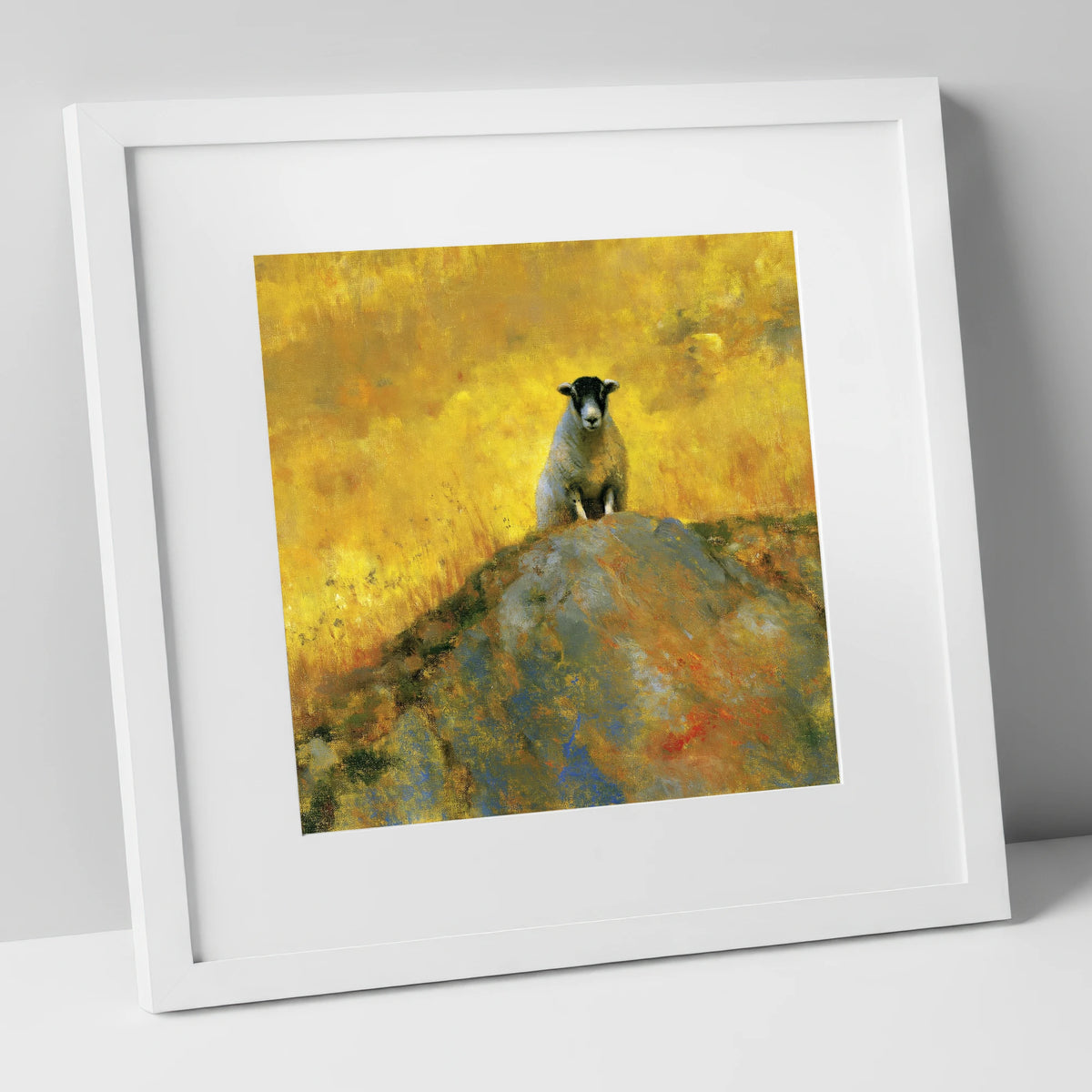 Herdwick Sheep in Golden Light lake district wildlife art print in white frame
