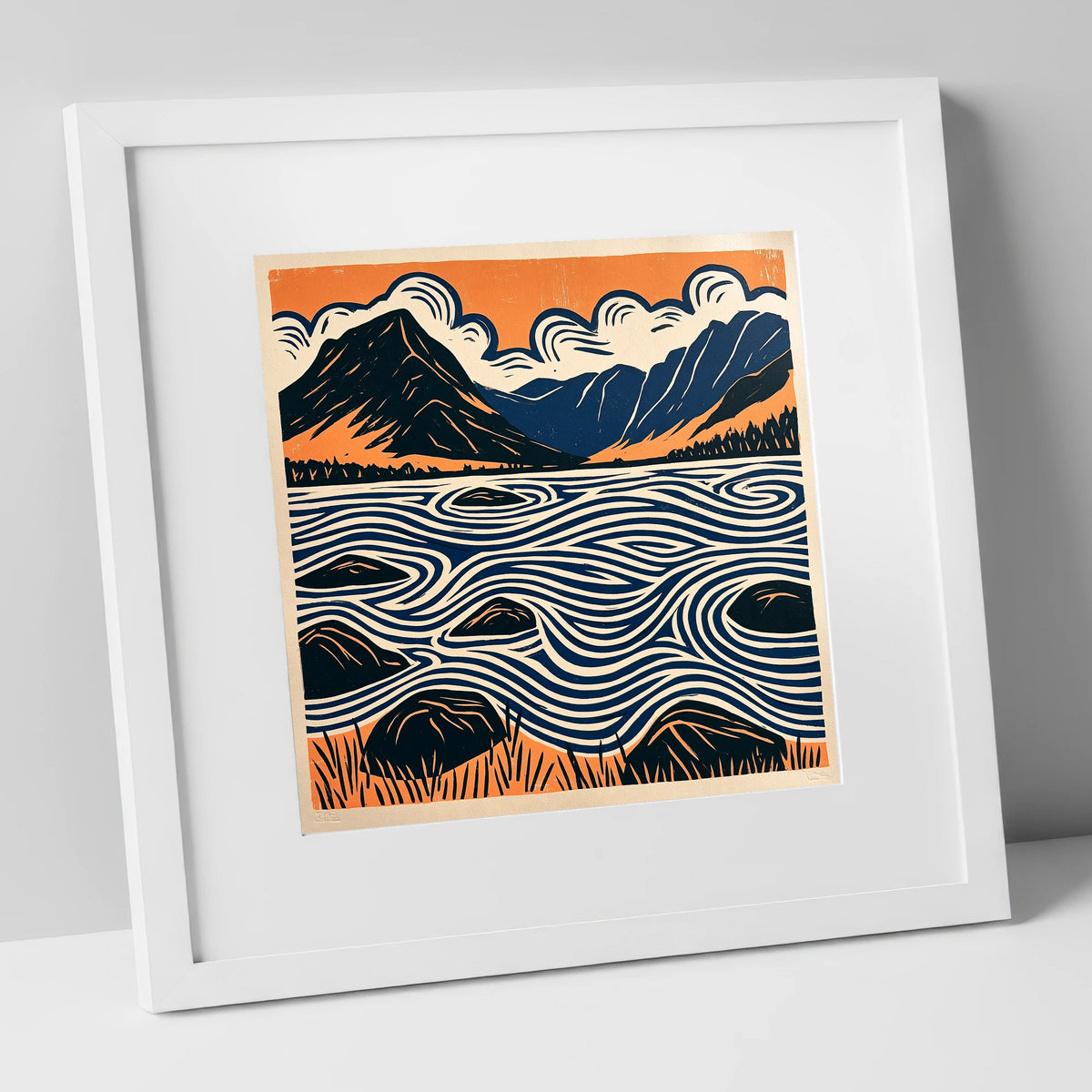 Crummock Water with Swirling Waves lake district lake art print in white frame