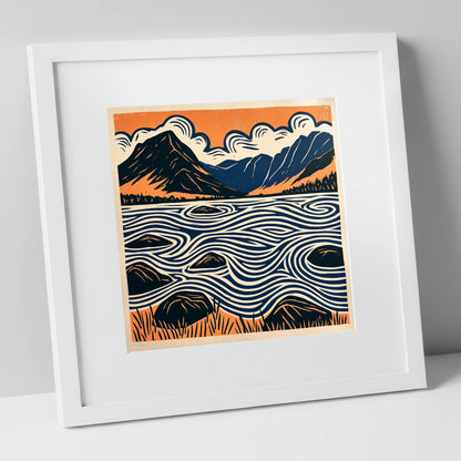 Crummock Water with Swirling Waves lake district lake art print in white frame