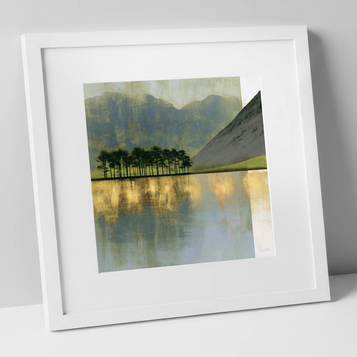 Buttermere Pines in Slate and Gold lake district lake art print in white frame