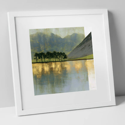 Buttermere Pines in Slate and Gold lake district lake art print in white frame