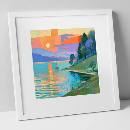 Orange Sunset Over Lakeland Water lake district lake art print in white frame
