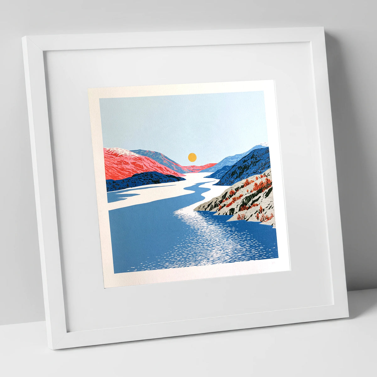 Ennerdale Valley and Golden Sun lake district valley art print in white frame